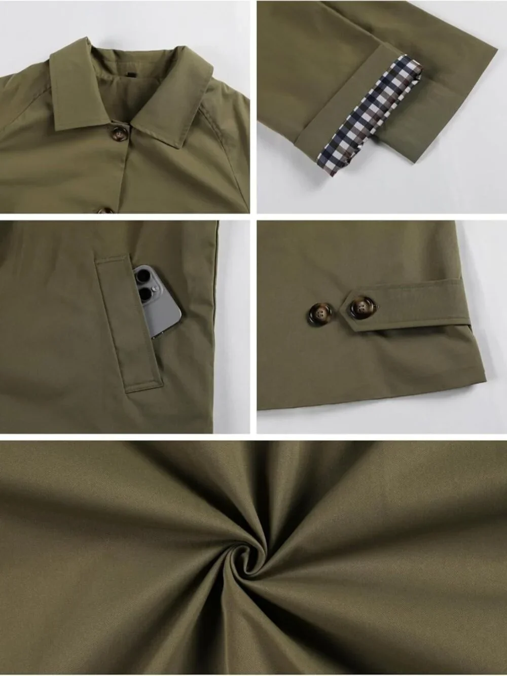 Women's Short Trench Jacket Plaid Lining Button Front with Pockets Olive Green